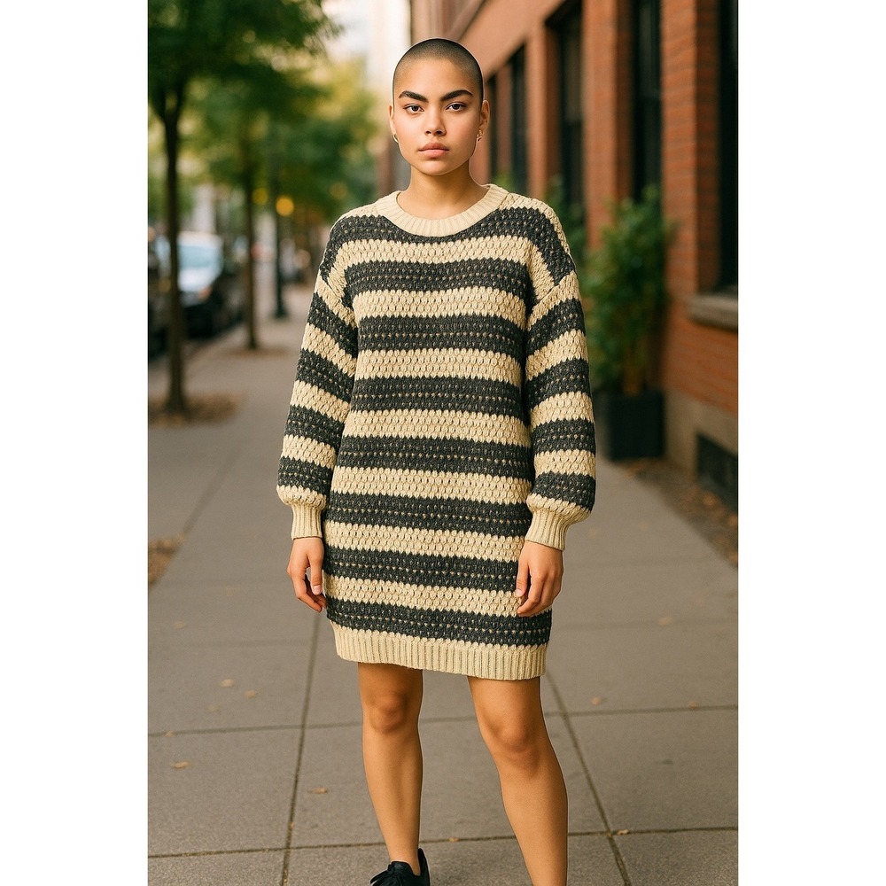 Net.153 Long Sleeve Knit Stripe Sweater Dress SZ M/L Beige Gray Oversized Fall